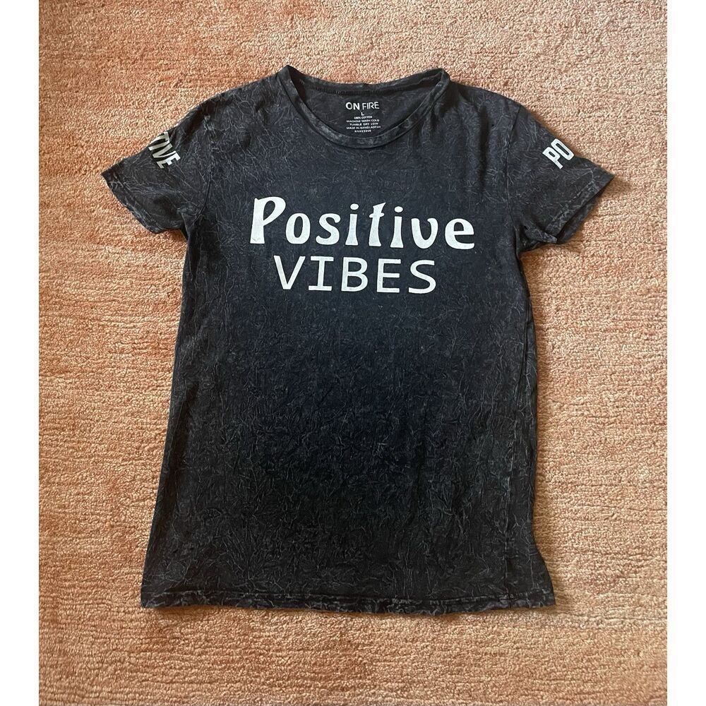 ON FIRE Positive Vibes Black Distressed Tee Size L 100% Cotton Unisex